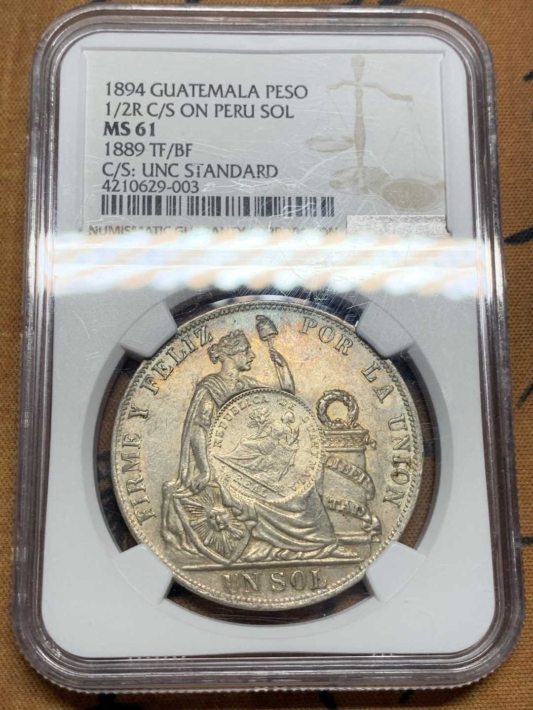 《竞宝斋》第84场-本周日，周一2场连拍（全场不限金额包邮） NGC-MS61 1894年 危地马拉加盖 秘鲁索尔 银币 热门南美 少见加盖 涨势不错