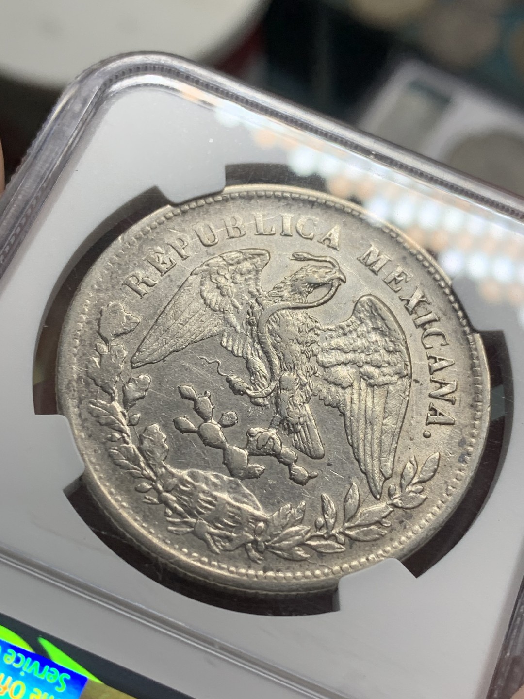 《竞宝斋》第84场-本周日，周一2场连拍（全场不限金额包邮） NGC AU53 墨西哥 1903/2年 骑字版 直边 鹰洋 银币 状态好 骑字少见