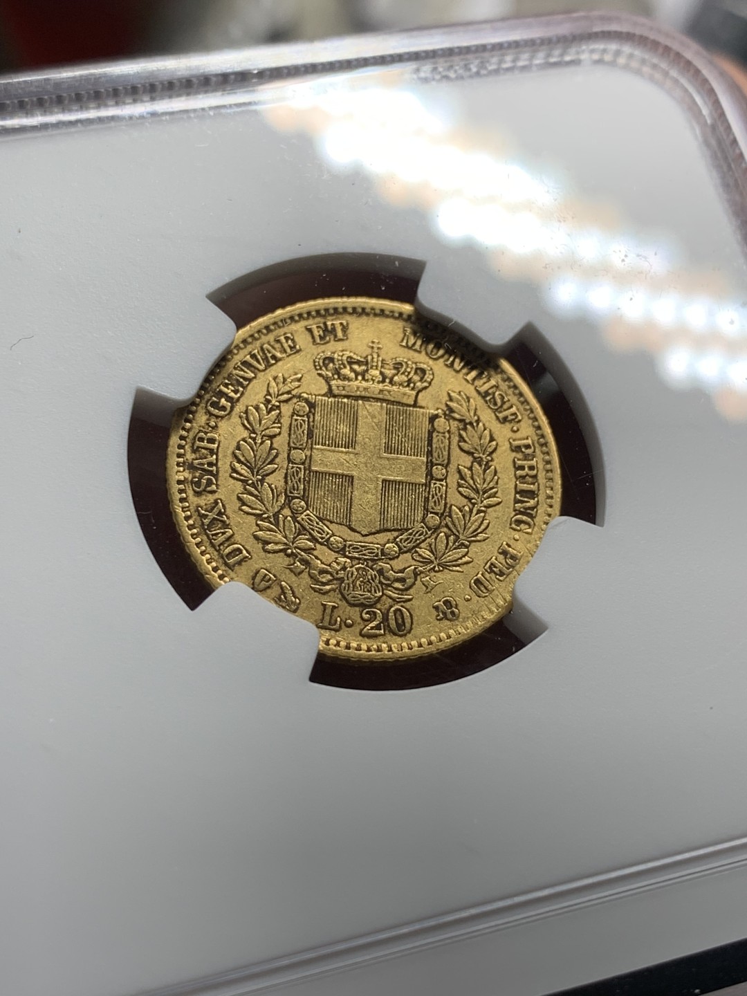 《竞宝斋》第84场-本周日，周一2场连拍（全场不限金额包邮） NGC-AU50 意大利撒丁岛 1858年 20里拉金币 非常少见的品种