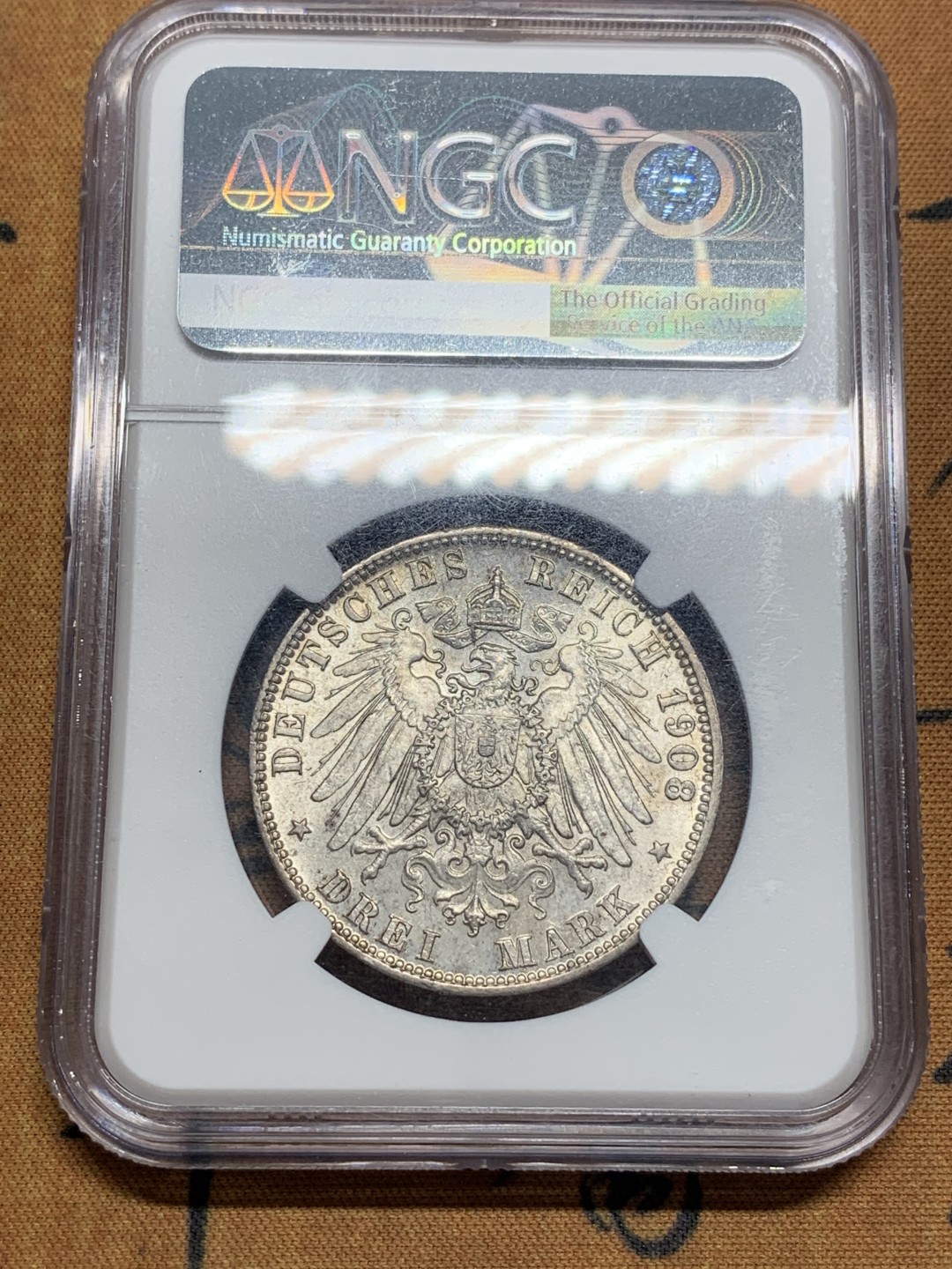 《竞宝斋》第84场-本周日，周一2场连拍（全场不限金额包邮） NGC-MS65 德国 1908年J版汉堡3马克。精美高分一步到位。