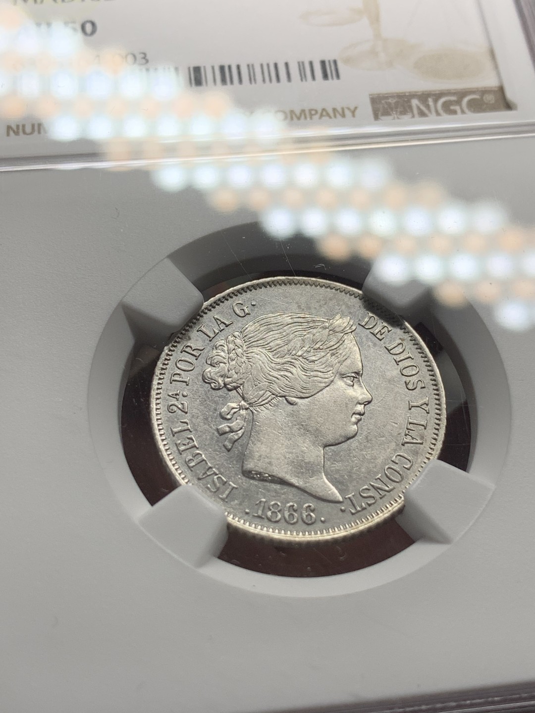 《竞宝斋》第84场-本周日，周一2场连拍（全场不限金额包邮） NGC-AU50 西班牙 1866年 猪妹妹伊萨贝拉二世 40分银币 一元型已经玩不起 玩玩小的吧