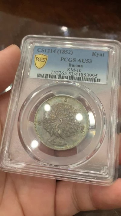《竞宝斋》第84场-本周日，周一2场连拍（全场不限金额包邮） PCGS-53 缅甸1852年五彩孔雀缅元 眼睛极为清晰 羽毛丰满 状态难得，五月SBP50分2万人民币