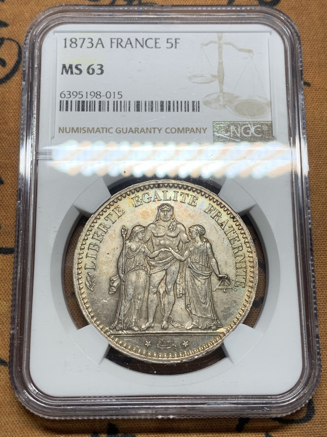 《竞宝斋》第84场-本周日，周一2场连拍（全场不限金额包邮） NGC-MS63 法国1873年 大力神5法郎 五彩大银币 好状态