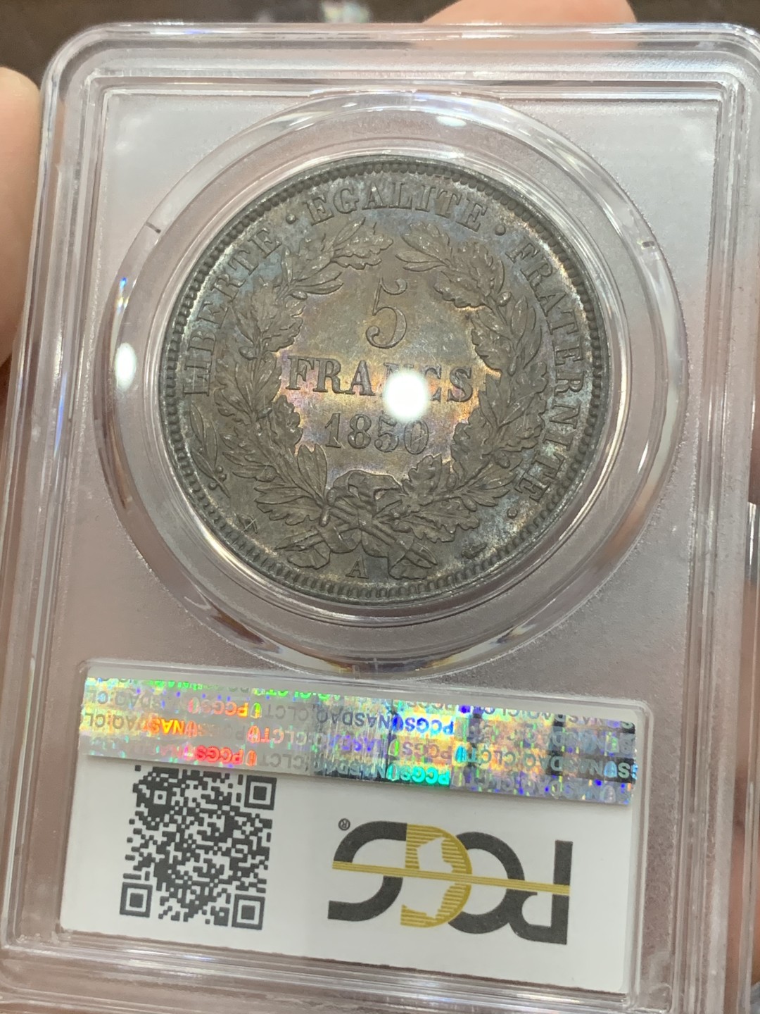 《竞宝斋》第84场-本周日，周一2场连拍（全场不限金额包邮） PCGS-MS62法国 1850年 5法郎 谷物女神 银币 均匀黑彩 这样的包浆现在都很难有分