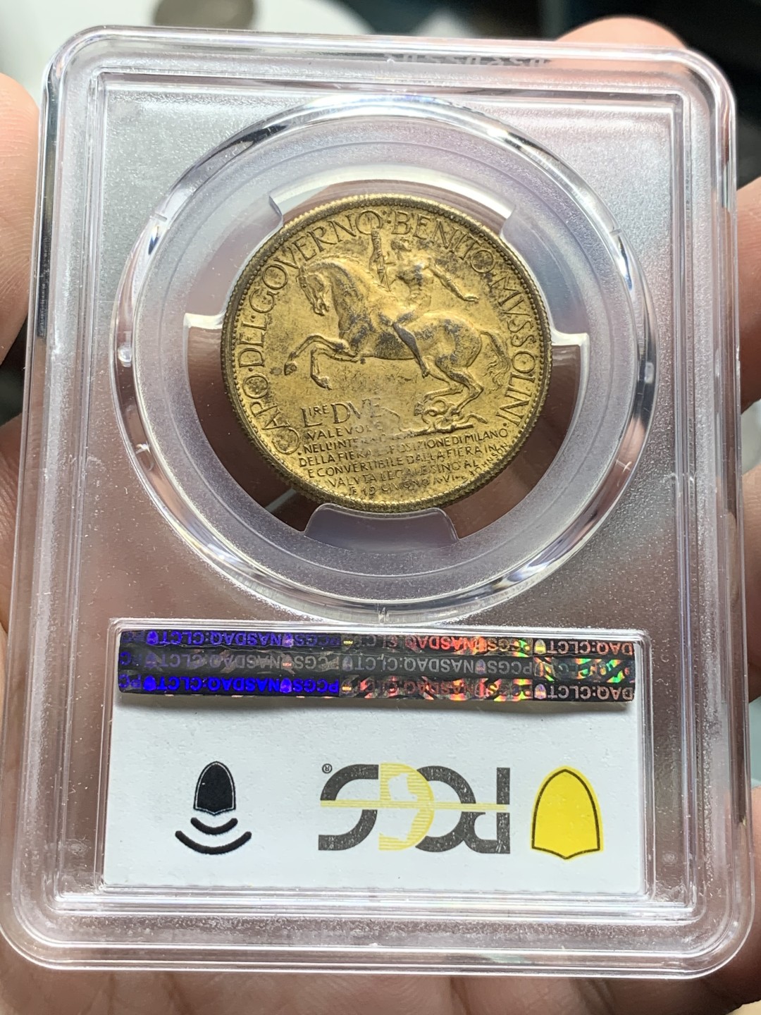 《竞宝斋》第84场-本周日，周一2场连拍（全场不限金额包邮） PCGS MS62 意大利 1928年 米兰博览会 铜镀金 2里拉 代币 稀少品种