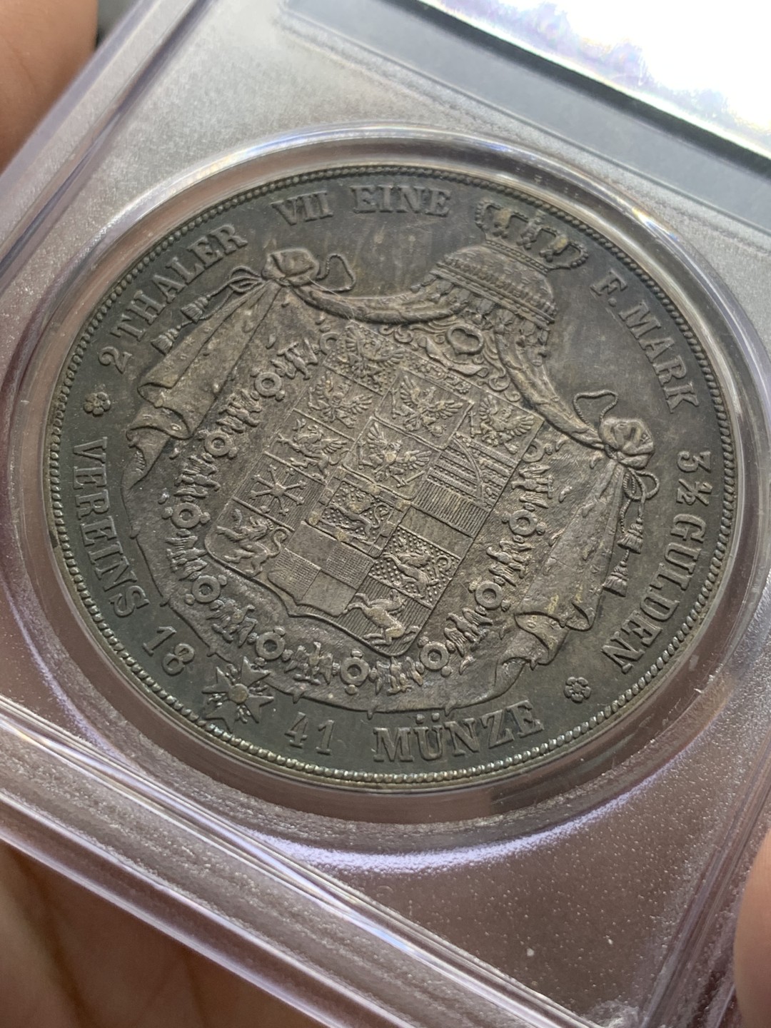 《竞宝斋》第84场-本周日，周一2场连拍（全场不限金额包邮） PCGS-AU53德国 1841年 2泰勒 普鲁士威廉四世窗帘泰勒 银币 早期威廉四世头像 好品比后期少很多 侧光双面紫包浆状态无敌好看