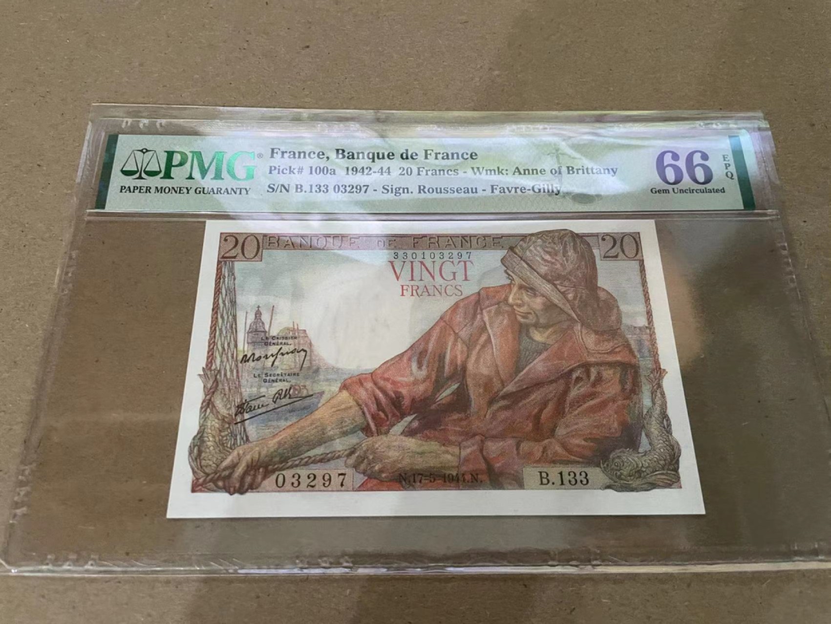 【Blue Auction】✨世界纸币精拍第213期 【精】 法国 1942-44年20法郎 PMG66EPQ 