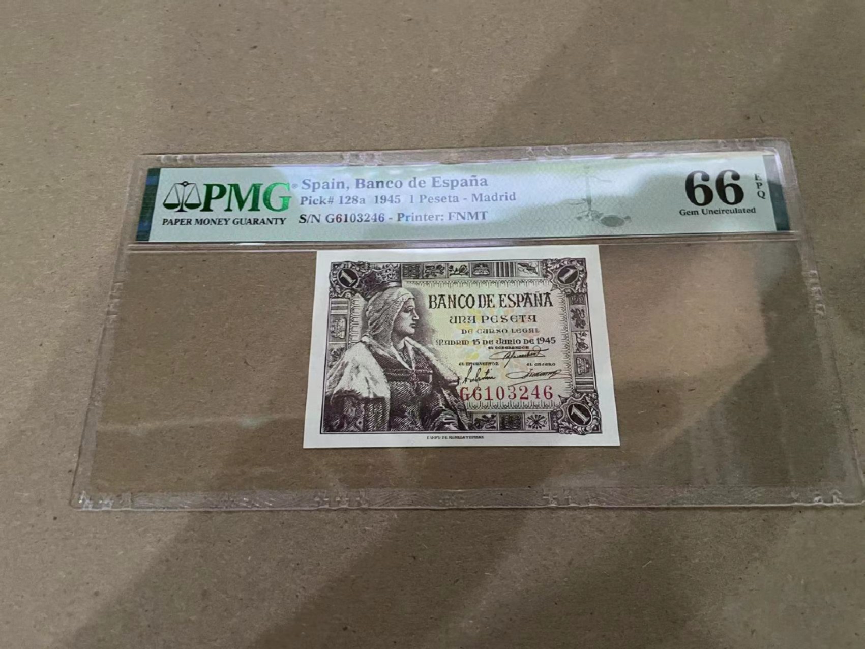 【Blue Auction】✨世界纸币精拍第213期 【精】 西班牙 1945年1比塞塔 PMG66EPQ