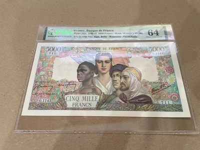 【Blue Auction】✨世界纸币精拍第213期 【精】 - 【冠军分】法国 1945年5000法郎 经典大团结 超大票幅 精美 PMG64