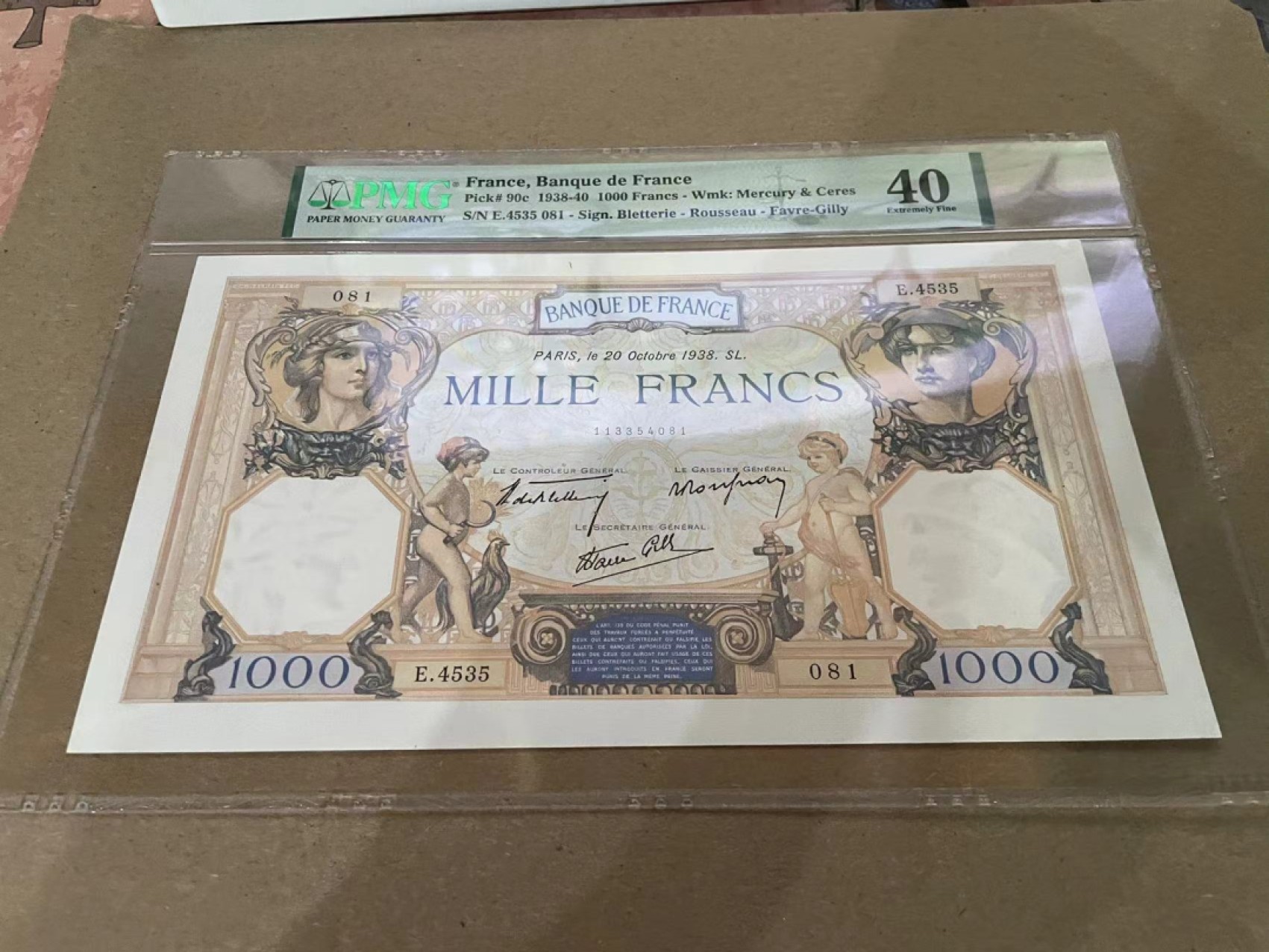 【Blue Auction】✨世界纸币精拍第213期 【精】 法国 1938-40年1000法郎 超大票幅 PMG40