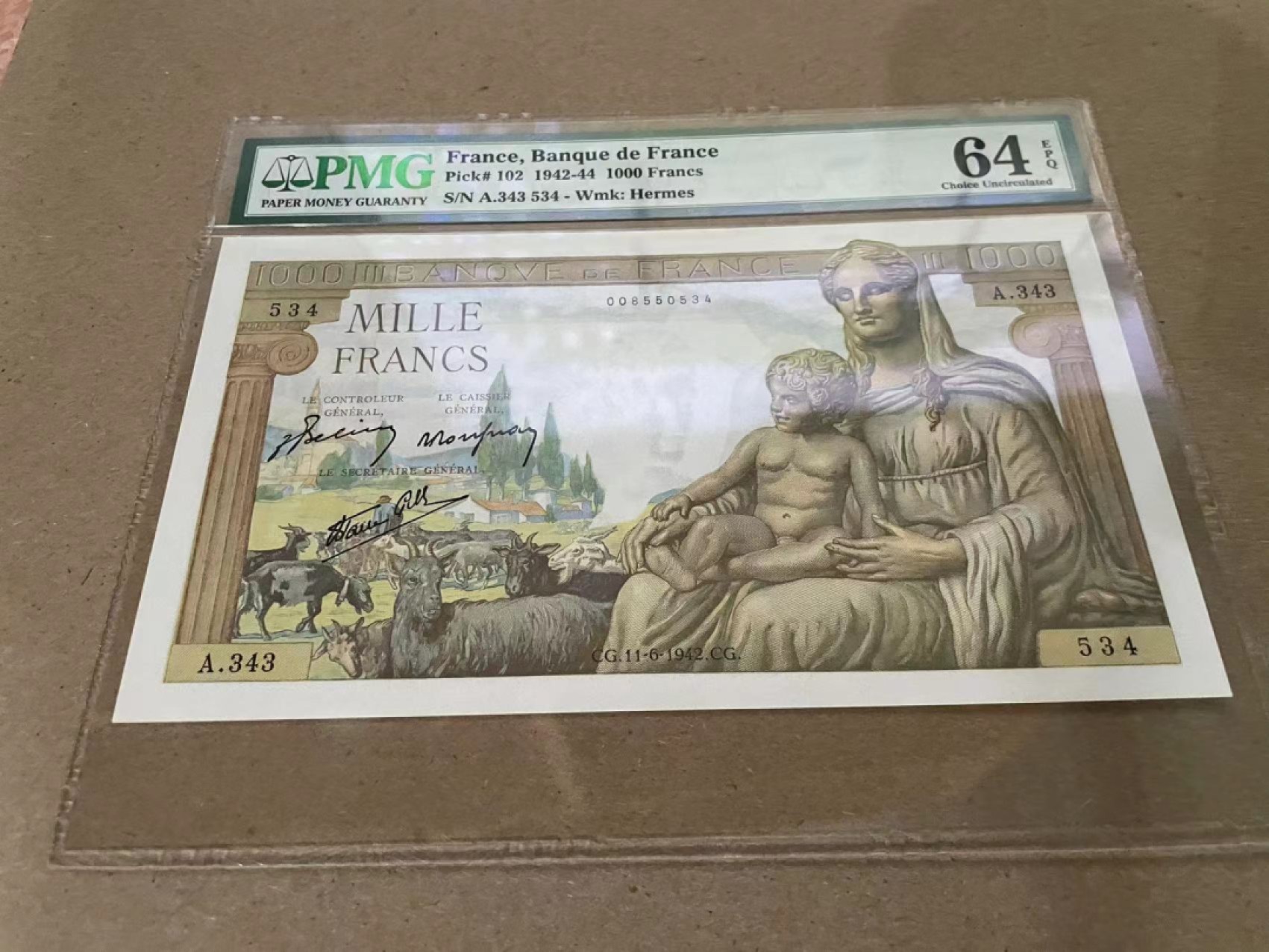 【Blue Auction】✨世界纸币精拍第213期 【精】 法国 1942年1000法郎 PMG64EPQ 