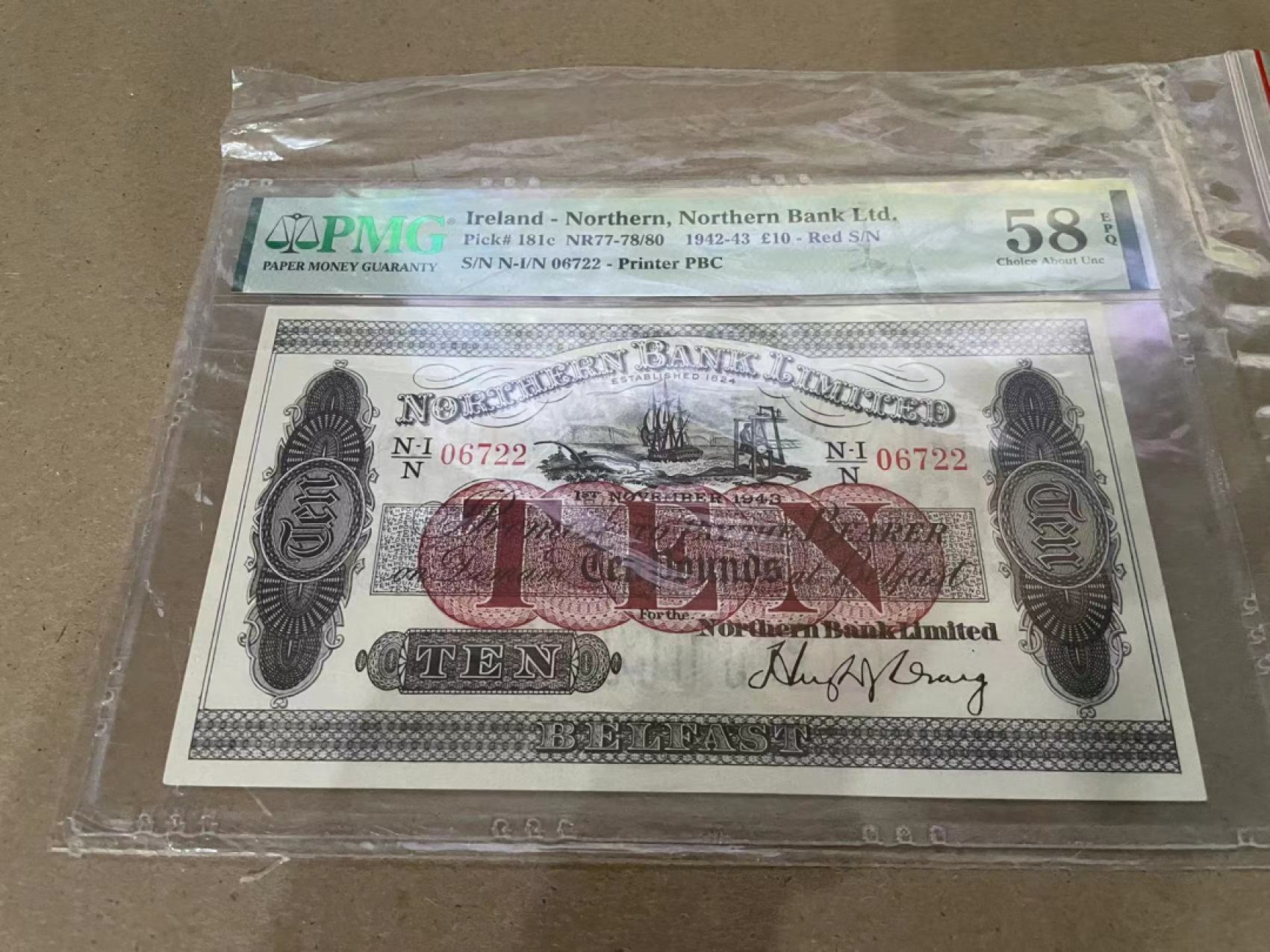 【Blue Auction】✨世界纸币精拍第213期 【精】 北爱尔兰 1942-43年10镑 PMG58EPQ 