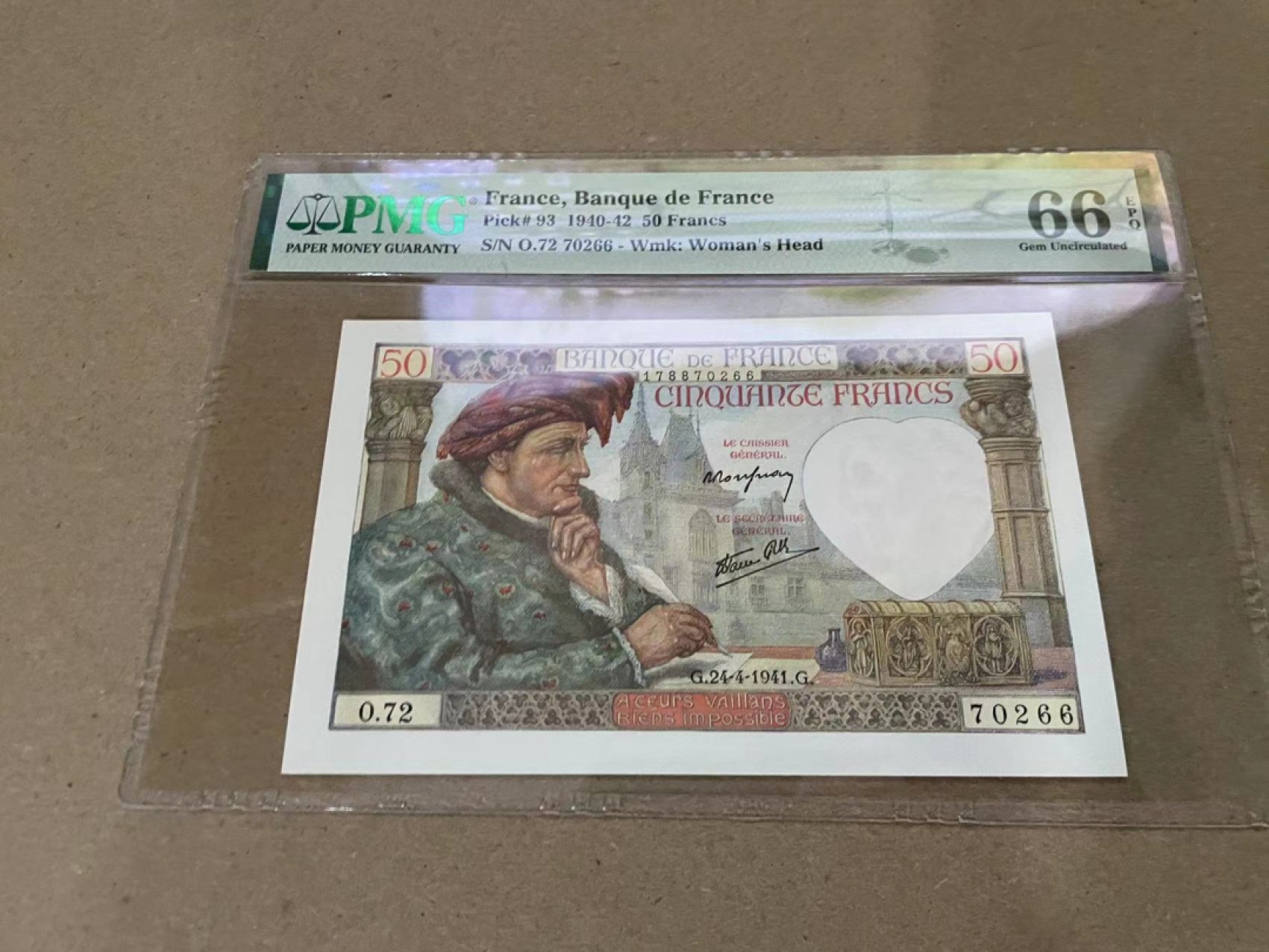 【Blue Auction】✨世界纸币精拍第213期 【精】 法国 1940-42年50法郎 红顶商人 PMG66EPQ