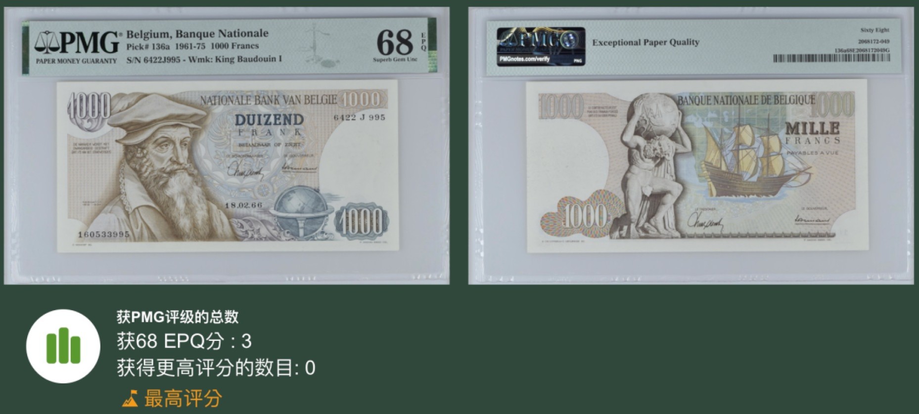 《张总收藏》68期——冠军分 比利时1000法郎 PMG68E P-136a 1966年 比利时地图制作家克雷摩 俗称