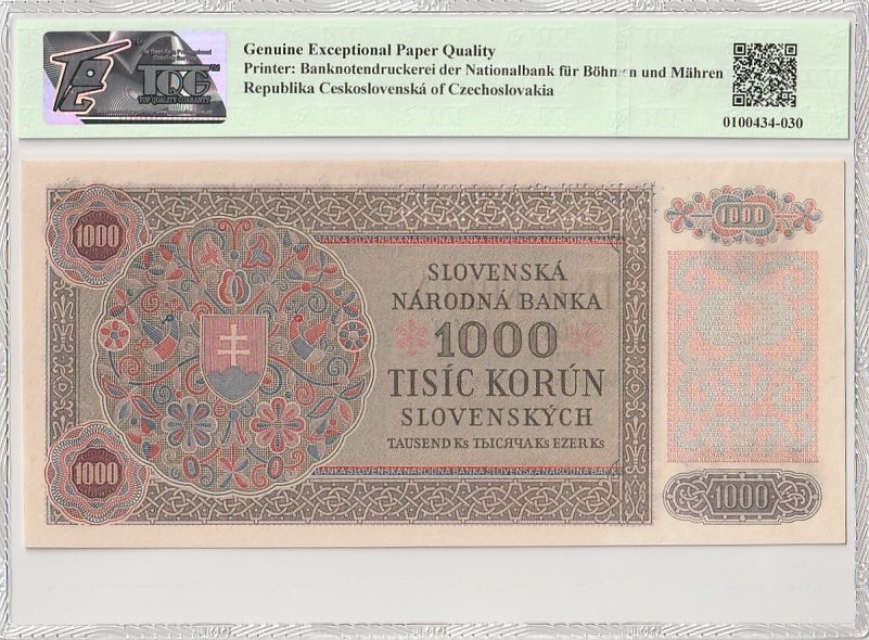 收藏联盟Quantum Auction 第184期拍卖(已更新) 斯洛伐克1940年1000克朗样票 TQG66绝品 典故折木教子