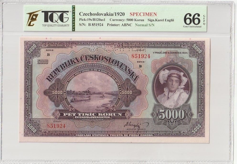 收藏联盟Quantum Auction 第184期拍卖(已更新) 捷克斯洛伐克1920年5000克朗样票 TQG66 绝品