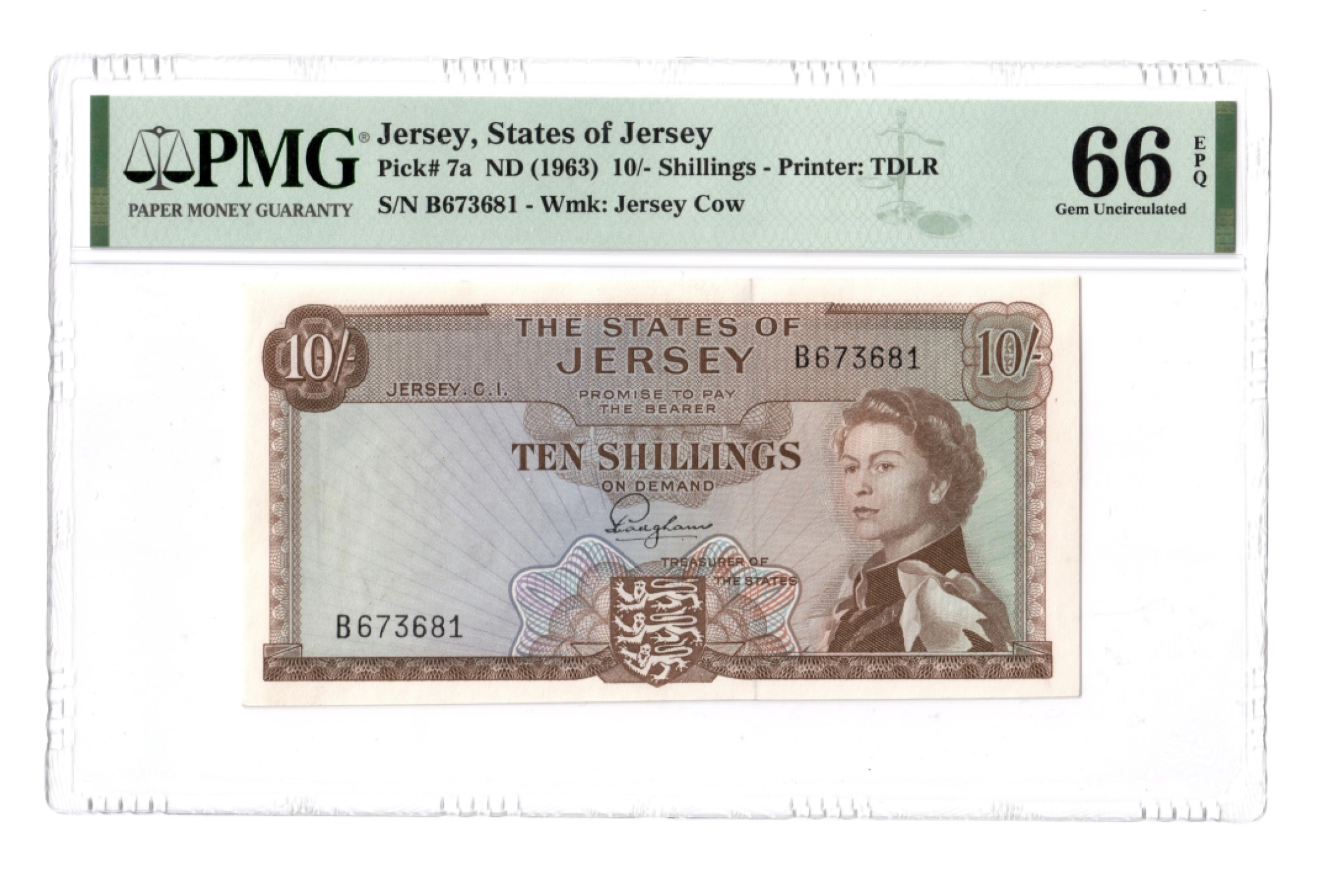 收藏联盟Quantum Auction 第184期拍卖(已更新) 泽西岛1963年10先令 PMG66 戎装女王