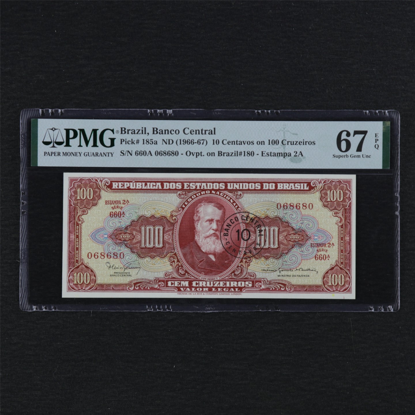【亘邦集藏】第125期拍卖 1966-67年 巴西10Centavos on 100Cruzeiros PMG 67EPQ 068680