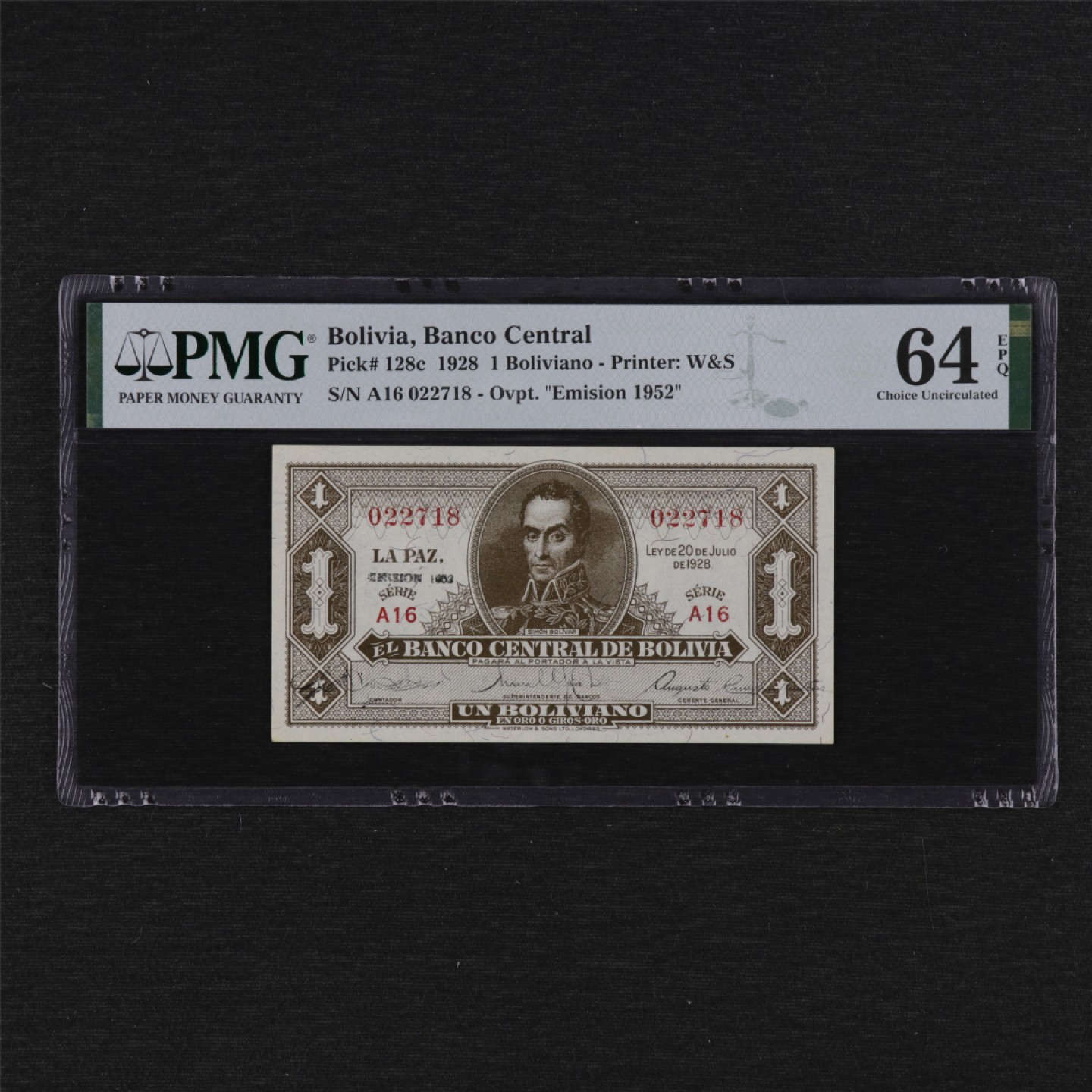 【亘邦集藏】第125期拍卖 1928年 玻利维亚1玻利维亚诺 PMG 64EPQ 022718