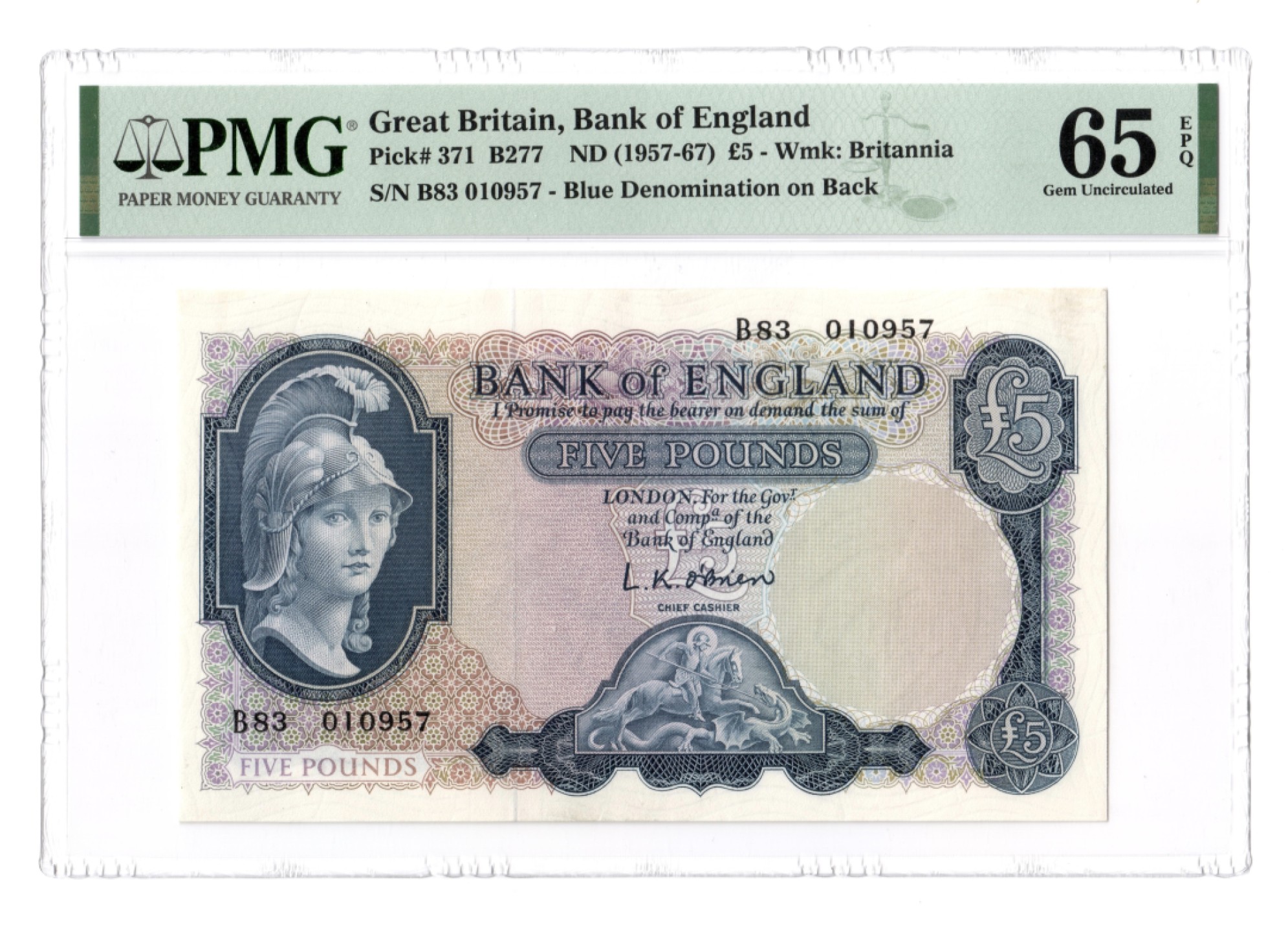 收藏联盟Quantum Auction 第184期拍卖(已更新) 英国1957-1967年5镑 PMG65 雄狮守金库