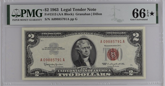 收藏联盟Quantum Auction 第184期拍卖(已更新) 美国1963年2美元 PMG66🌟加星 AA冠 号码无4