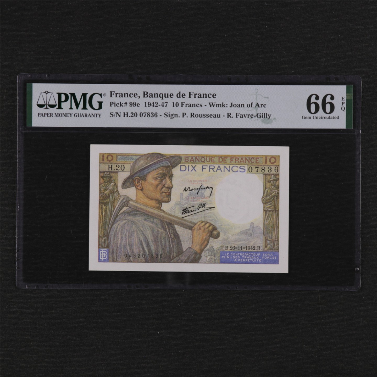 【亘邦集藏】第125期拍卖 1942年 法国10法郎 PMG 66EPQ 07836