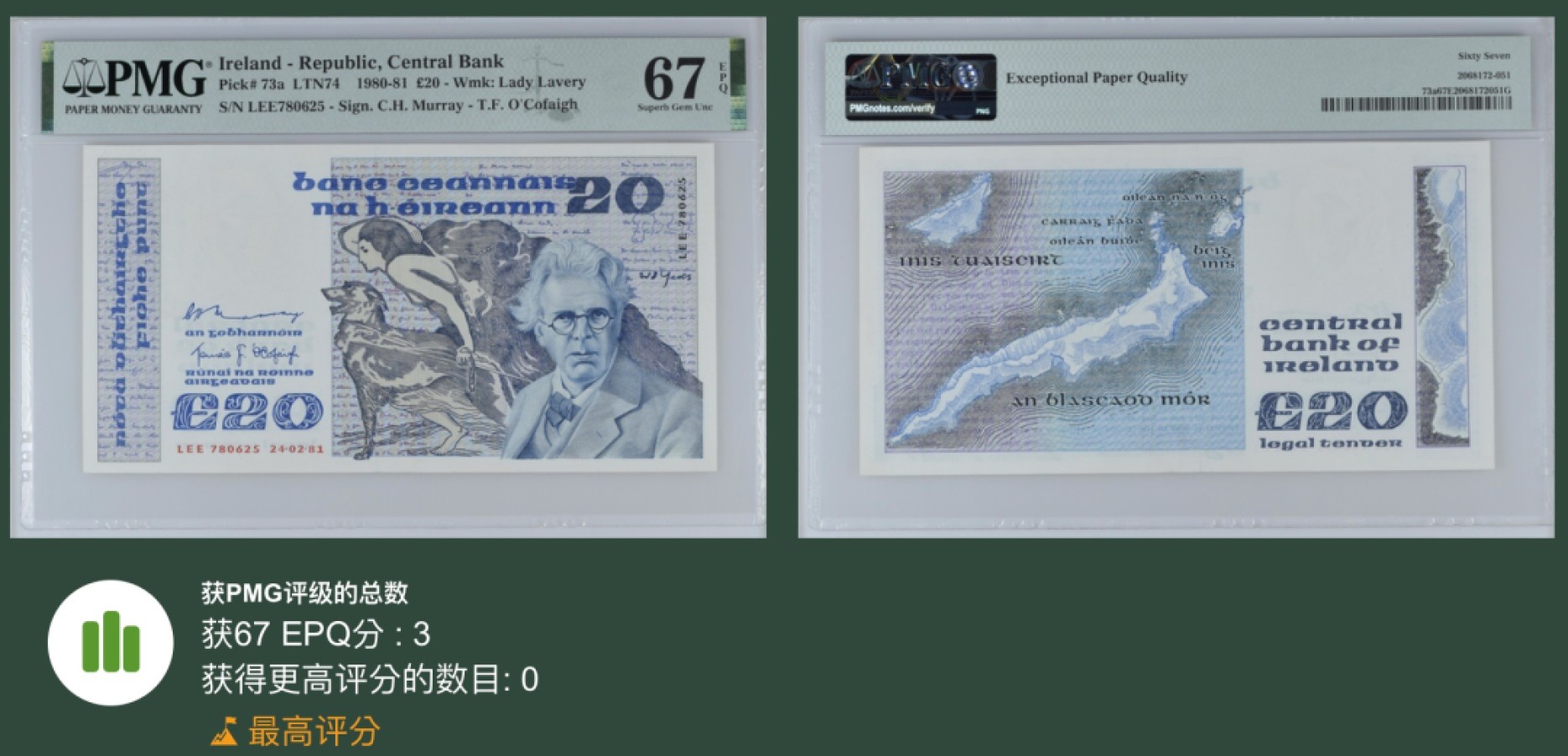 《张总收藏》68期——冠军分 爱尔兰20镑 PMG67E 1981年A版 P-73a 爱尔兰诗人叶芝 冠军分 无4