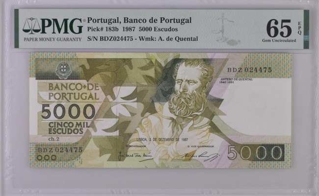 收藏联盟Quantum Auction 第184期拍卖(已更新) 葡萄牙1987年5000埃斯库多 PMG65