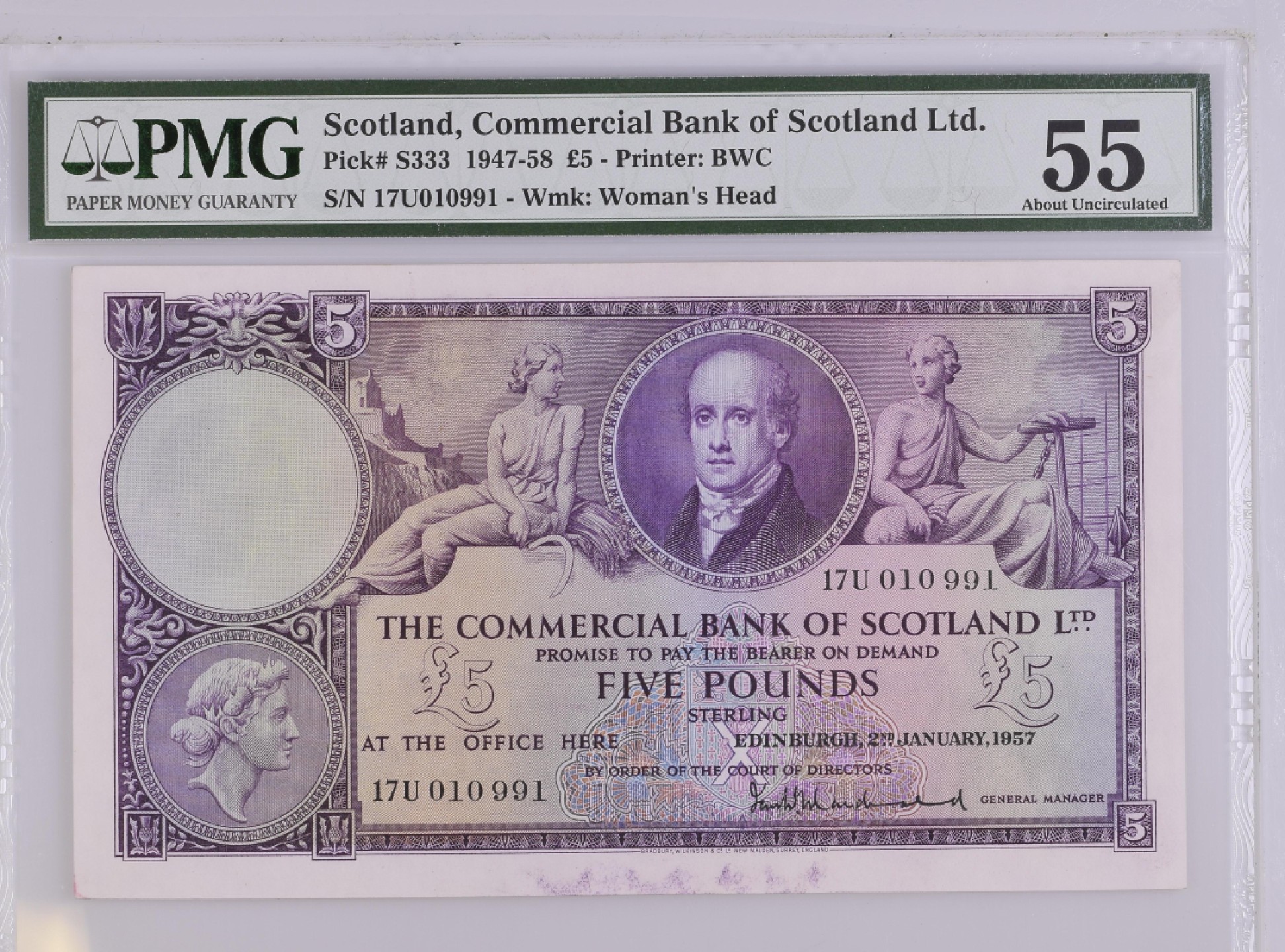 收藏联盟Quantum Auction 第184期拍卖(已更新) 苏格兰商业银行1947-1958年5镑 PMG55 浓厚英伦风