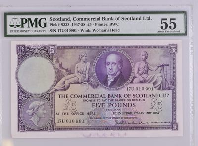 收藏联盟Quantum Auction 第184期拍卖(已更新) - 苏格兰商业银行1947-1958年5镑 PMG55 浓厚英伦风