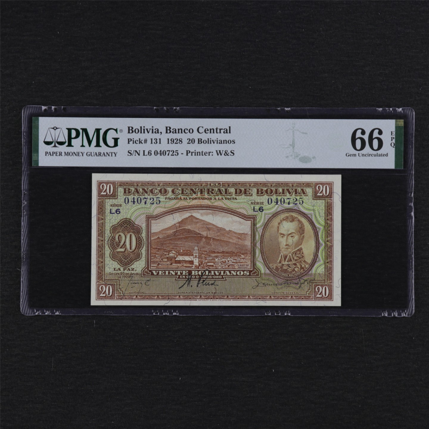 【亘邦集藏】第125期拍卖 1928年 玻利维亚20玻利维亚诺 PMG 66EPQ 040725