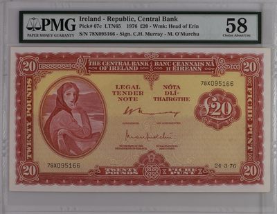 收藏联盟Quantum Auction 第184期拍卖(已更新) - 爱尔兰1976年20镑 PMG58 拉弗雷夫人 超级大票幅