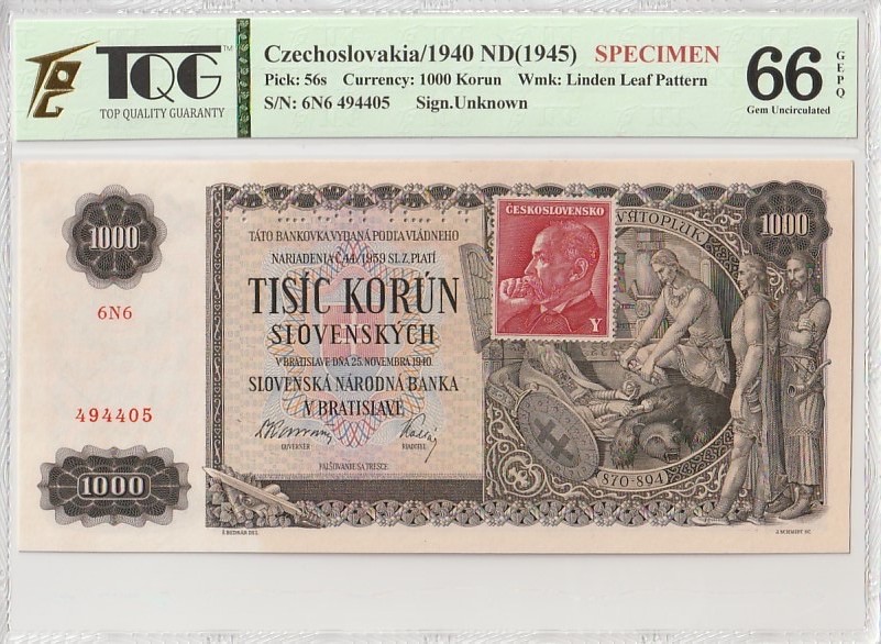 收藏联盟Quantum Auction 第184期拍卖(已更新) 斯洛伐克1940年1000克朗样票 TQG66绝品 典故折木教子