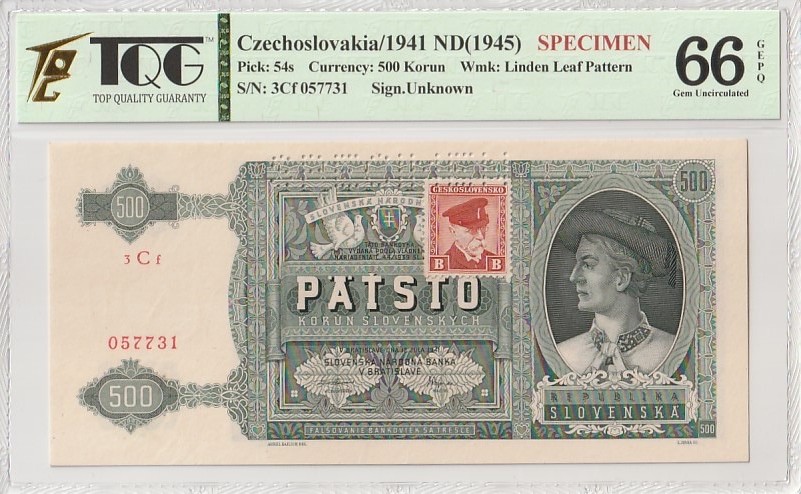 收藏联盟Quantum Auction 第184期拍卖(已更新) 斯洛伐克1945年500克朗样票 TQG66 绝品 特拉塔山