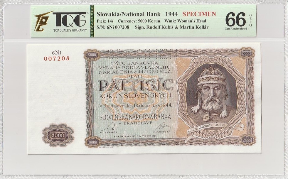 收藏联盟Quantum Auction 第184期拍卖(已更新) 斯洛伐克1944年5000克朗样票 TQG66 绝品 大票幅