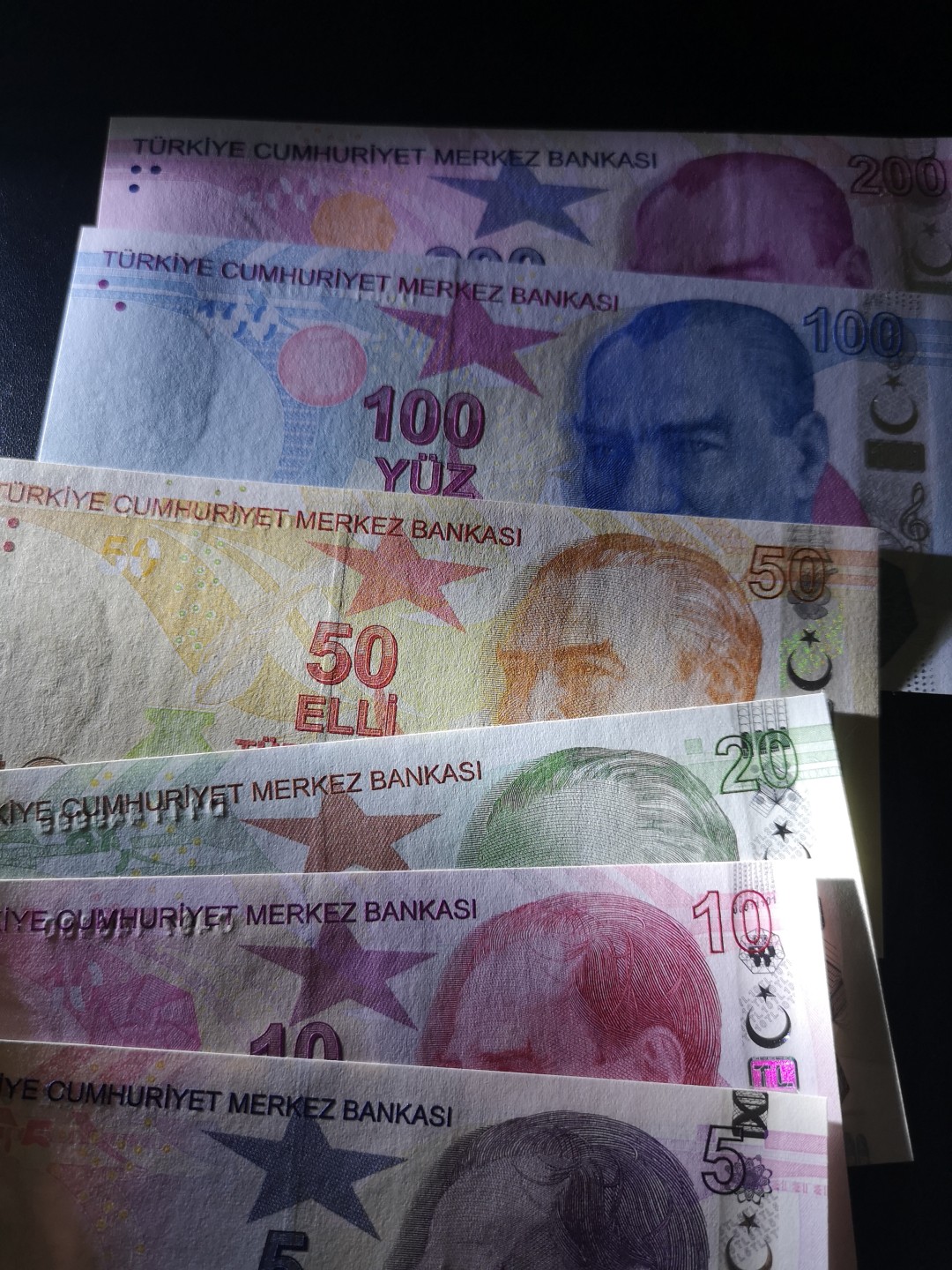 《外钞收藏家》第一百九十五期 土耳其5-200 六张一起 全新 50面额边上有轻微潮