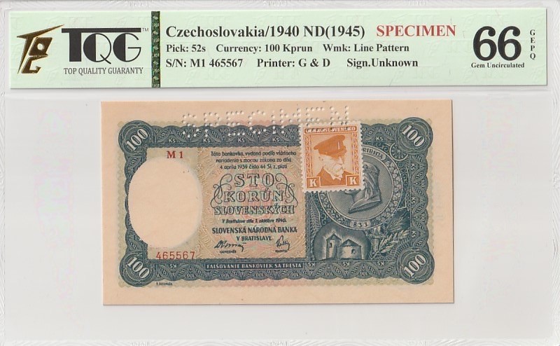 收藏联盟Quantum Auction 第184期拍卖(已更新) 斯洛伐克1940年100克朗样票 TQG66 绝品