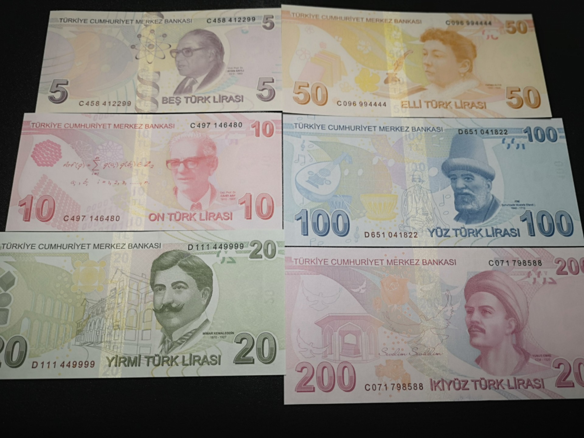 《外钞收藏家》第一百九十五期 土耳其5-200 六张一起 全新 50面额边上有轻微潮