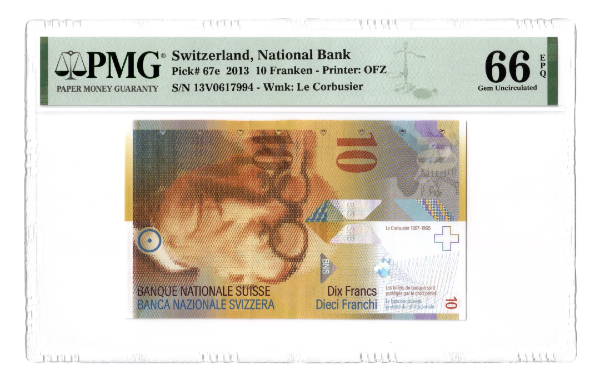 收藏联盟Quantum Auction 第185期拍卖 瑞士2013年10法郎 PMG66