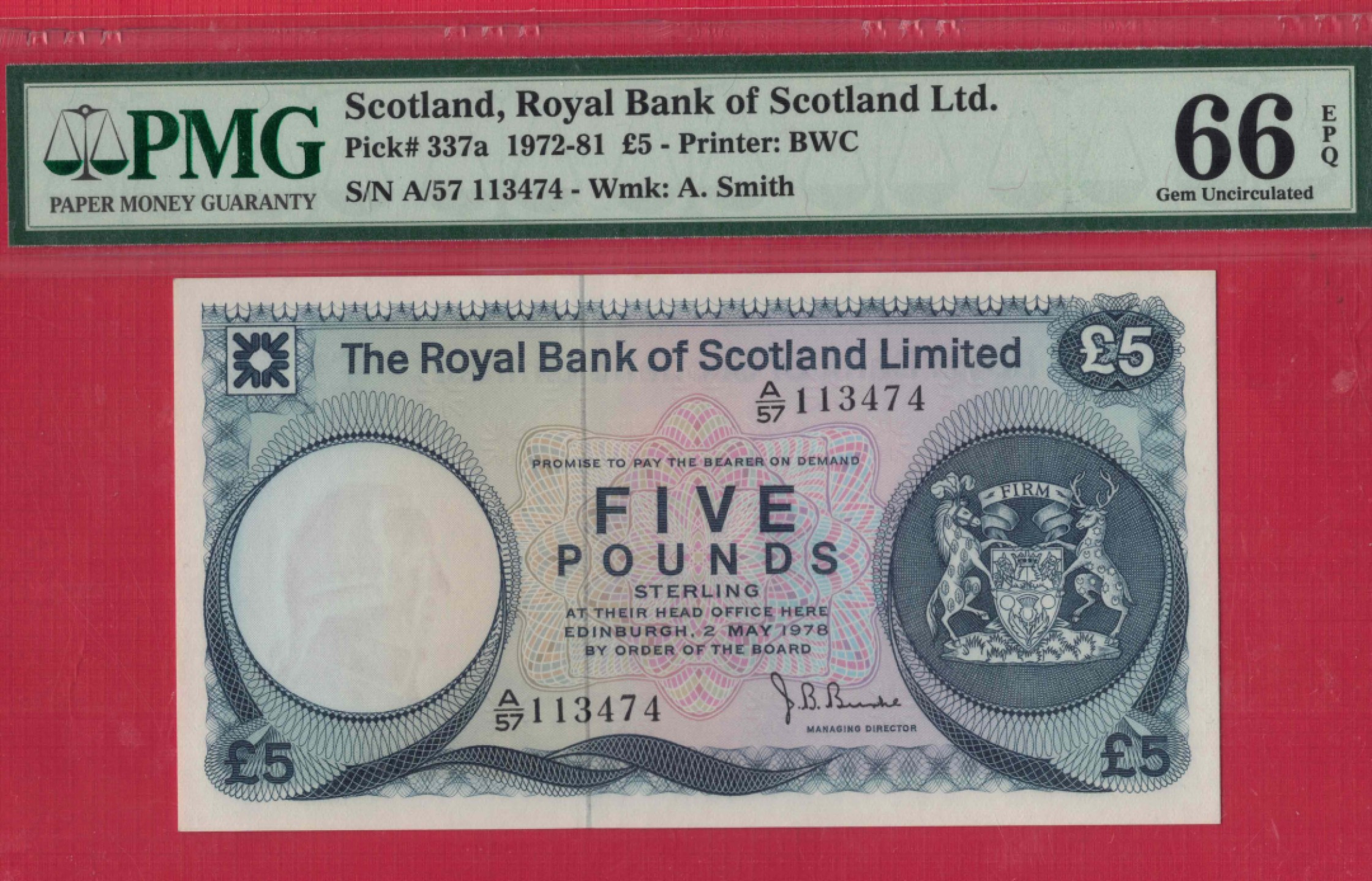苏格兰皇家银行1978年5镑 P-337a 欧洲纸币 实物图 UNC