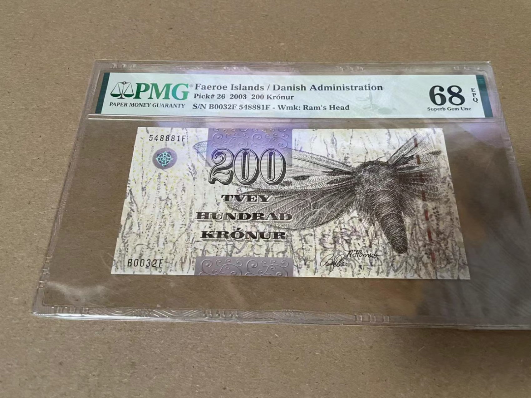 【Blue Auction】✨世界纸币精拍第214期 【精】 【初版】法罗群岛 2003年200克朗 PMG68EPQ 高分大飞蛾