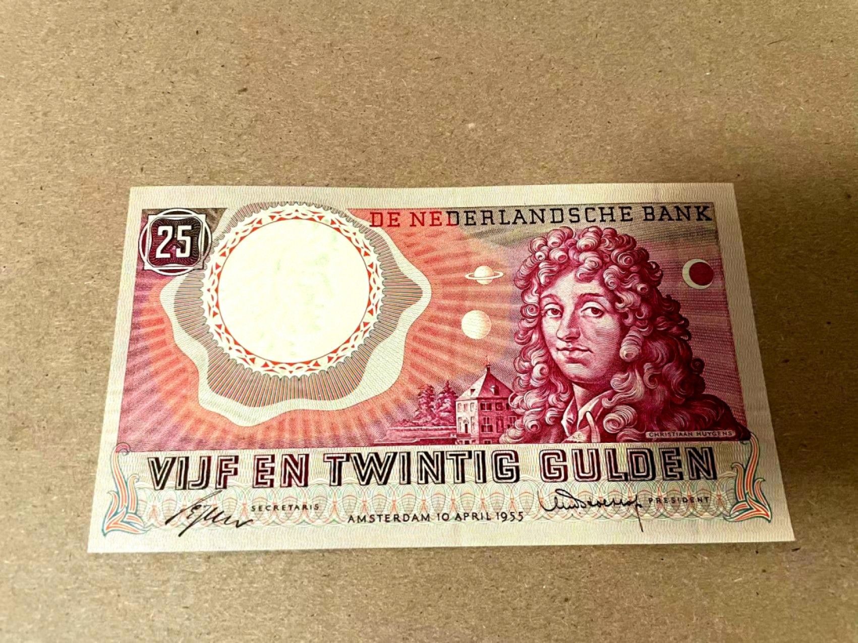 【Blue Auction】✨世界纸币精拍第214期 【精】 荷兰 1955年25盾 惠更斯 满版水印 精美 全新UNC 灯下无斑