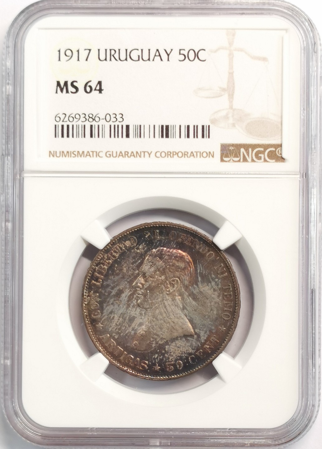 凡希社世界钱币微拍第二百零七期 1917乌拉圭50分银币NGC-MS64五彩顶级品！