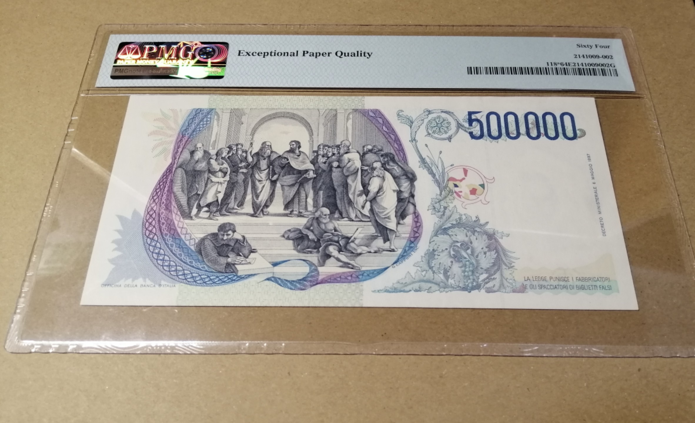 【Blue Auction】✨世界纸币精拍第214期 【精】 【补号】意大利 1997年50万里拉 经典拉斐尔 PMG64EPQ 