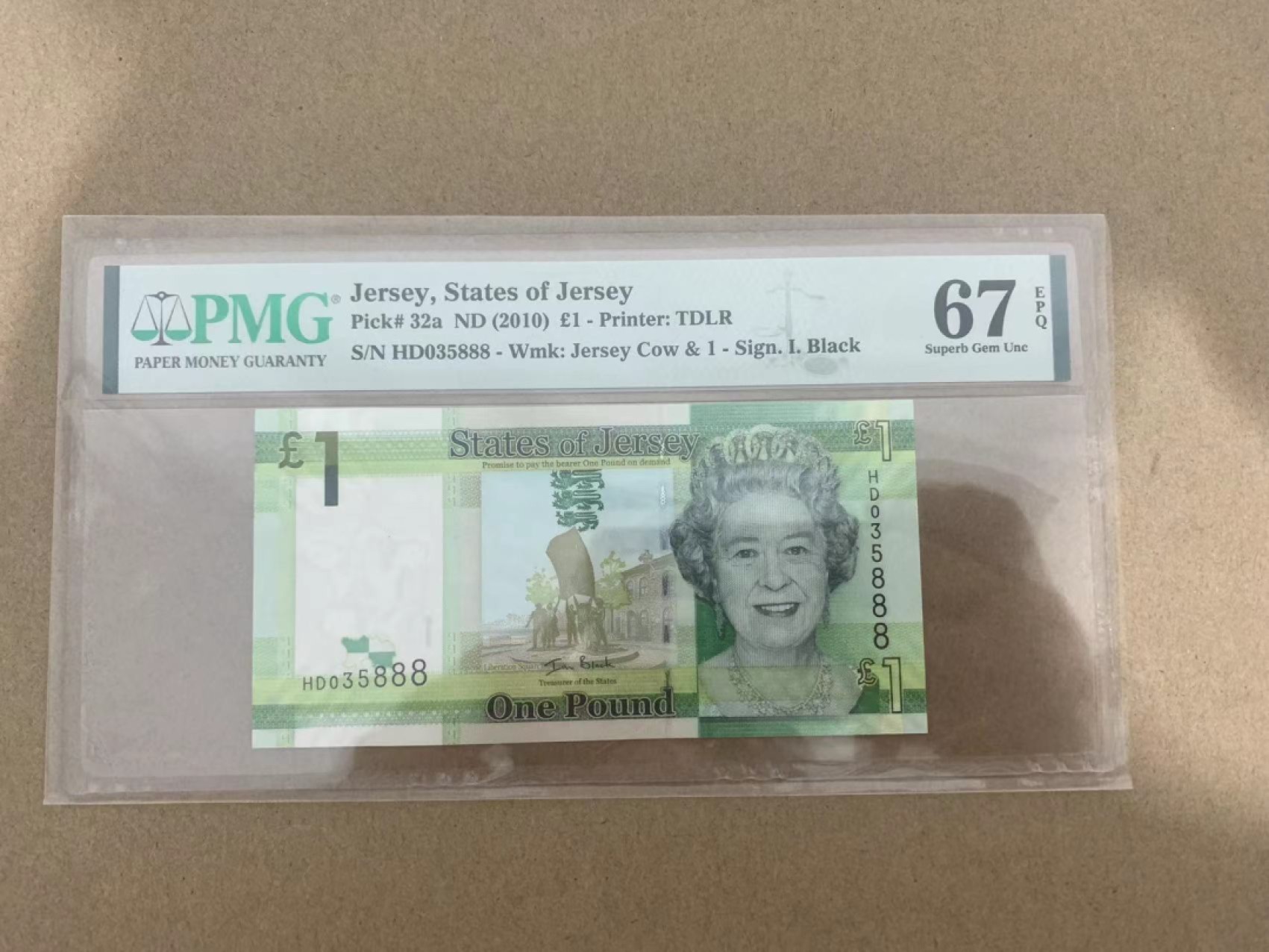 【Blue Auction】✨世界纸币精拍第214期 【精】 【888豹子号无47】泽西 2010年1镑 PMG67EPQ 女王纸币
