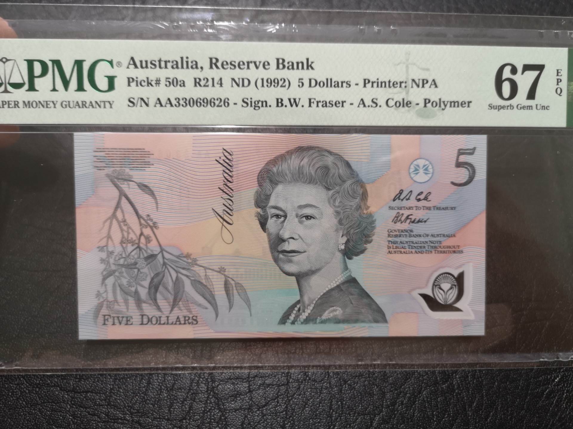 《外钞收藏家》第一百九十五期 1992年澳大利亚5元 PMG67 无47 AA首发冠