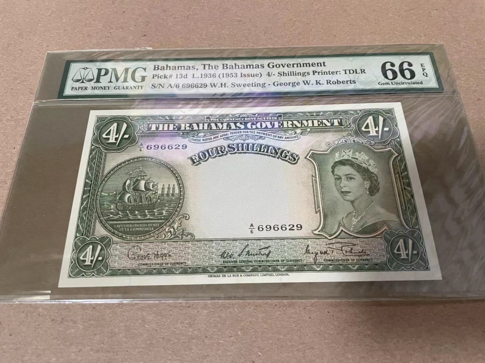 【Blue Auction】✨世界纸币精拍第214期 【精】 【无47】巴哈马 1936年4先令 大冠女王 PMG66EPQ 