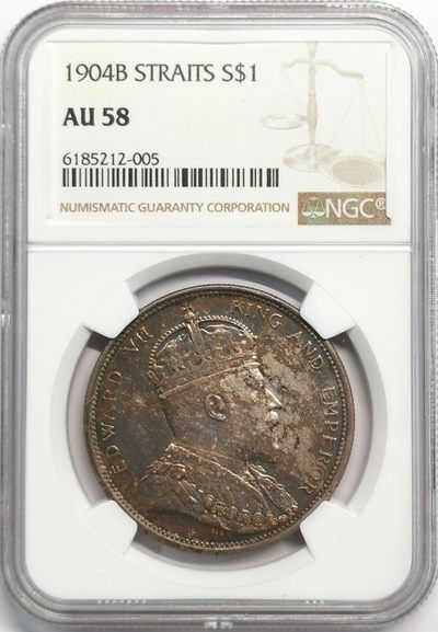凡希社世界钱币微拍第二百零七期 - 1904B海峡殖民地爱七壹元大样NGC-AU58重度五彩！