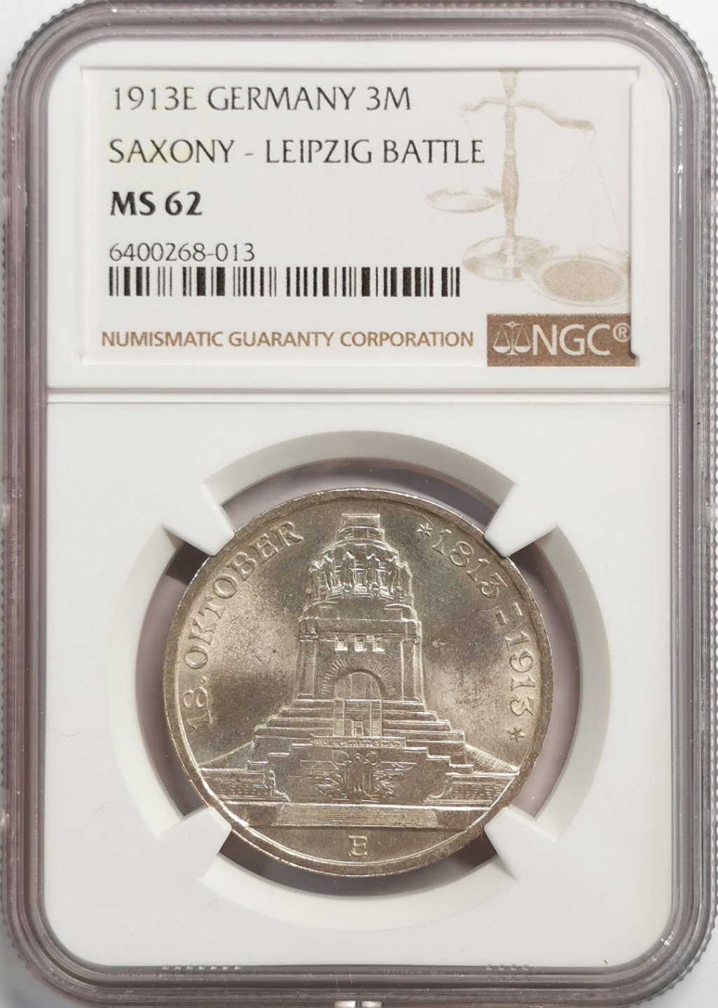 凡希社世界钱币微拍第二百零七期 1913萨克森3马克NGC-MS62