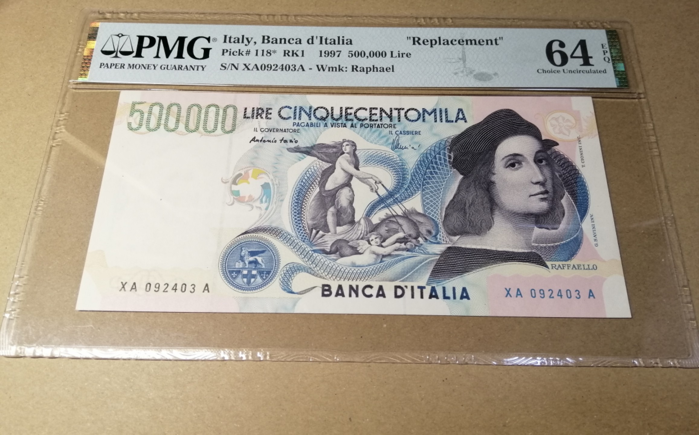 【Blue Auction】✨世界纸币精拍第214期 【精】 【补号】意大利 1997年50万里拉 经典拉斐尔 PMG64EPQ 